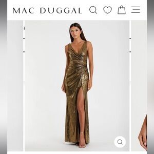 Mac Duggal Long V neck Gold Dress